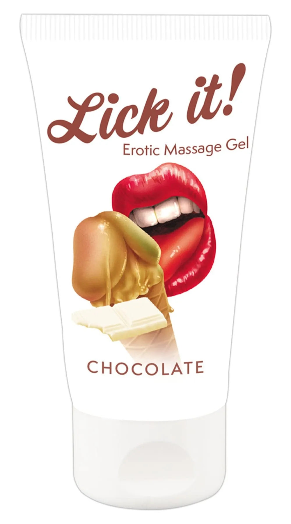 Tube de gel lubrifiant végétalien 50ml, design chocolat blanc, bouchon blanc, étiquette avec lèvres rouges et chocolat.