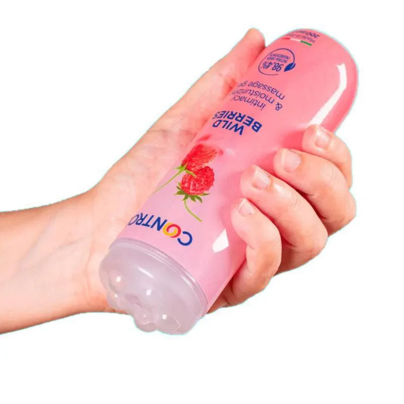 Gel massage rose baies sauvages, flacon 200ml, capuchon sphères massantes, texture soyeuse, arôme fruits bois.