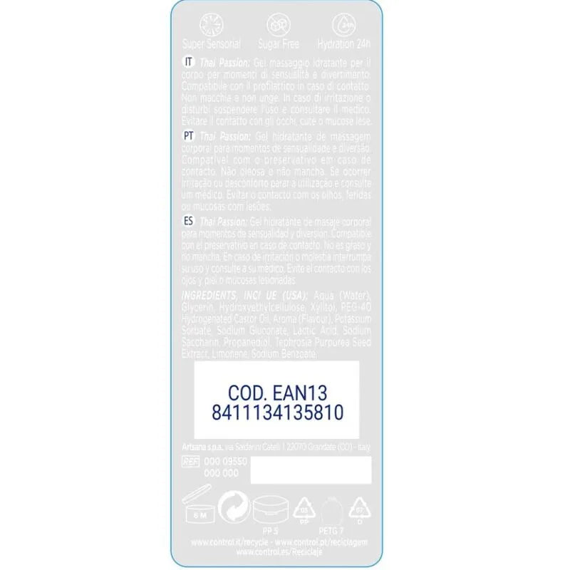 Gel massage hydratant sensuel, flacon 200 ml, texture non grasse, parfum exotique, sans paraben, compatible préservatifs.