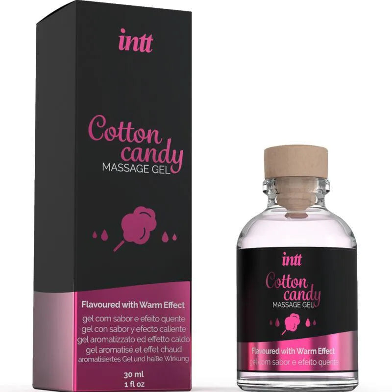 Gel intime barbe à papa, flacon transparent 30ml, bouchon bois, boîte noire et rose, effet chauffant, massage sensuel.