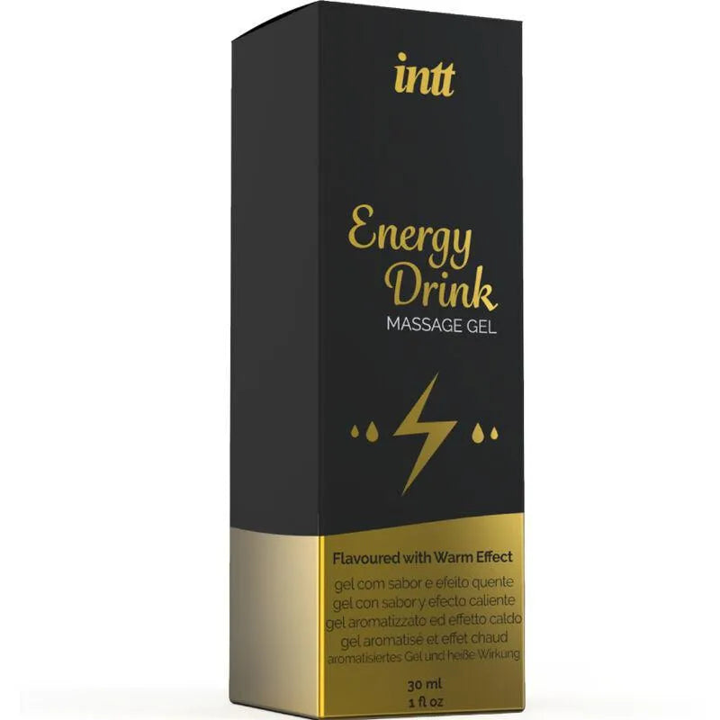 Gel massage intime chauffant, flacon noir et doré 30ml, saveur énergisante, effet chauffant, zones sensibles.