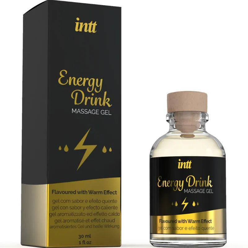 Flacon de gel massage intime chauffant saveur énergisante, 30ml, design noir et doré, effet chauffant pour zones sensibles.