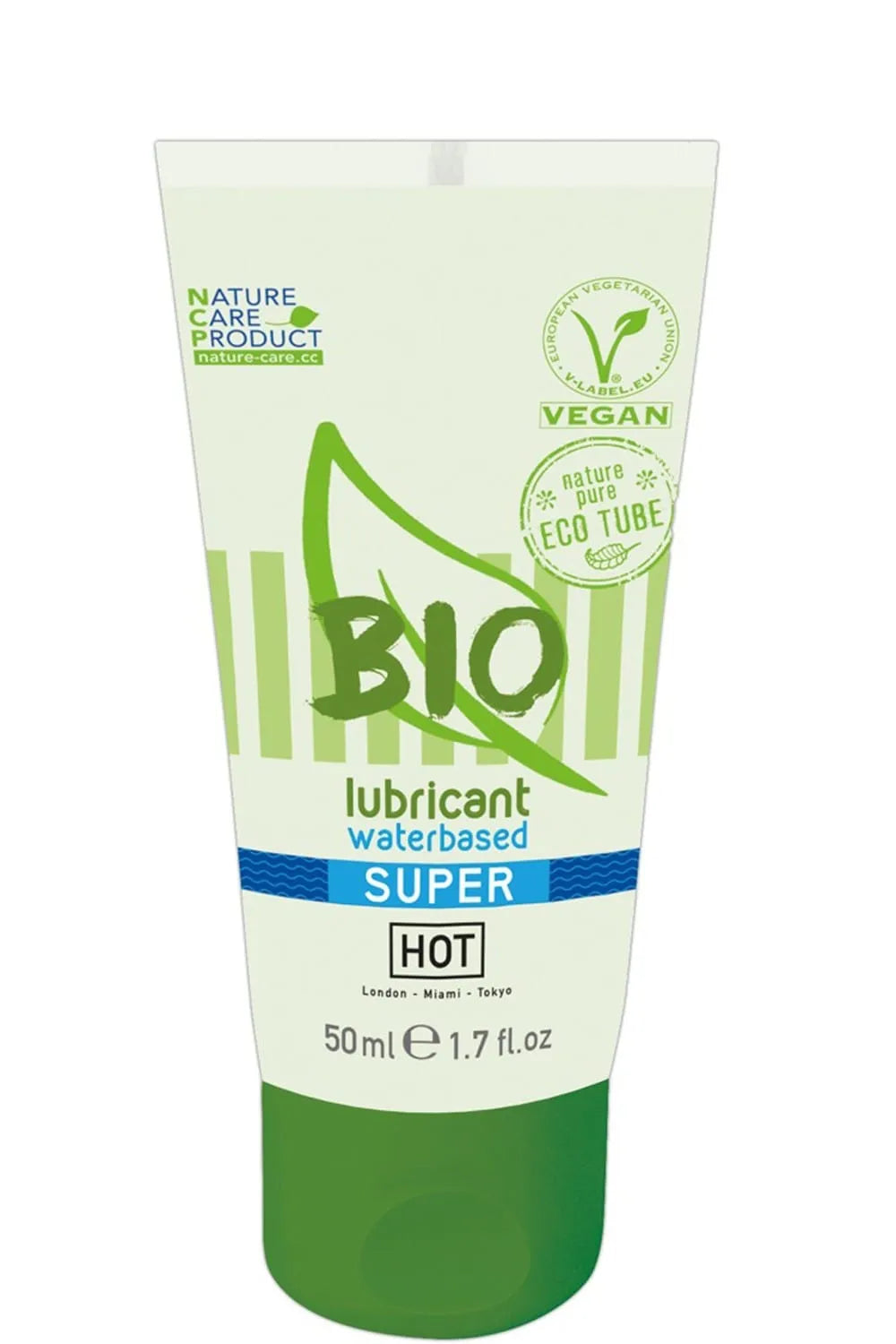 Gel lubrifiant bio à base d'eau, tube vert 50ml, étiquette végétalienne, idéal peaux sensibles, moments intimes.
