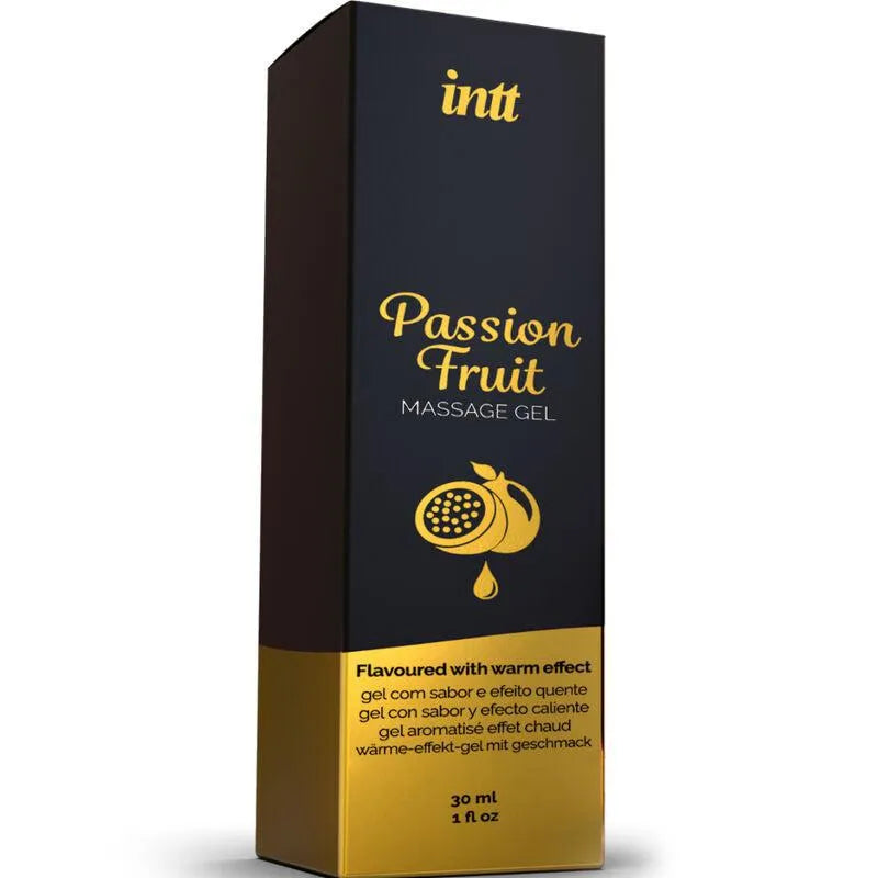Flacon de gel massage érotique fruit de la passion, 30ml, design noir et jaune, effet chaleur, arôme exotique.
