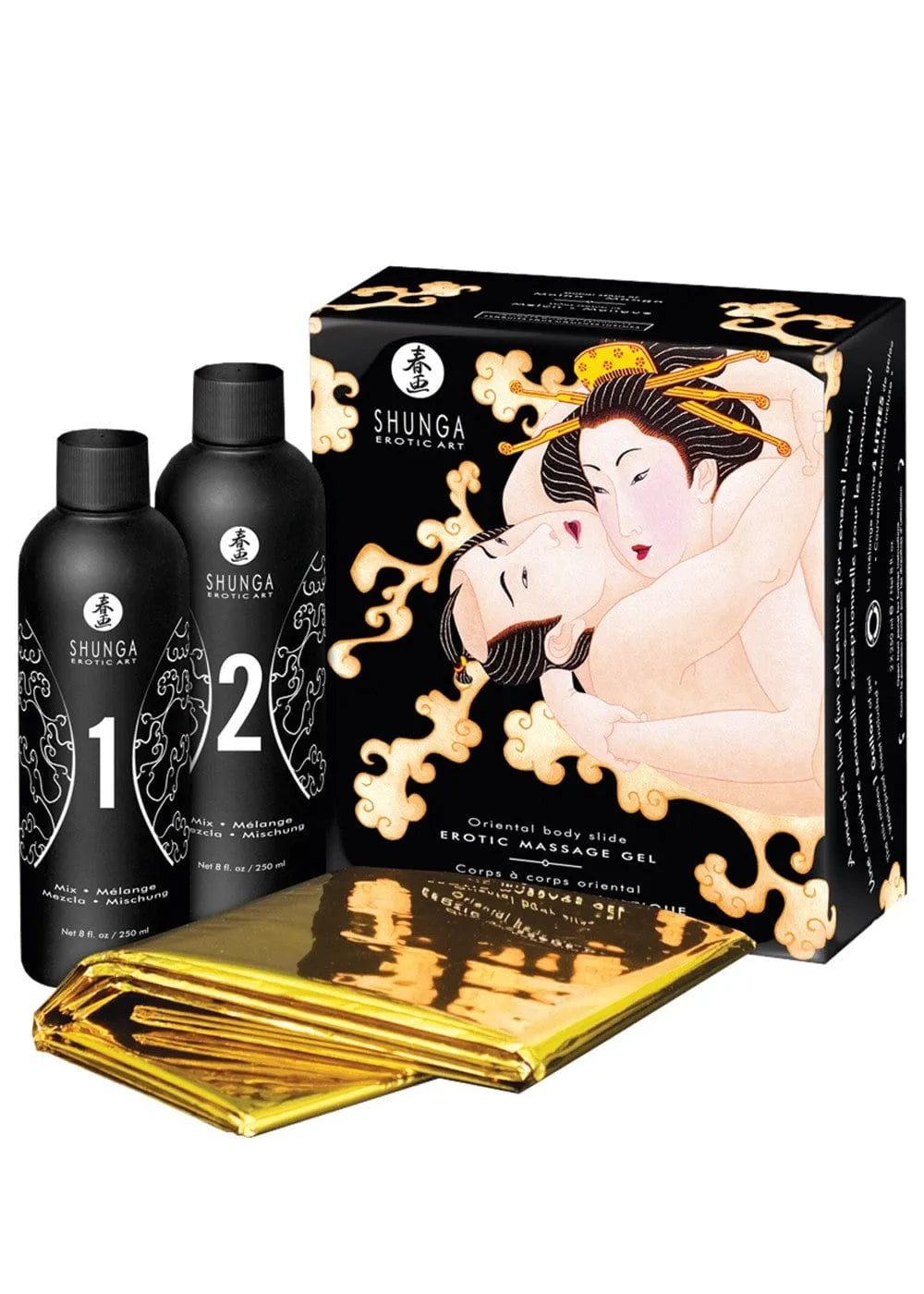 Gelée massage corps melon mangue, flacon noir, design exotique, texture onctueuse, produit végétalien, 250 ml.