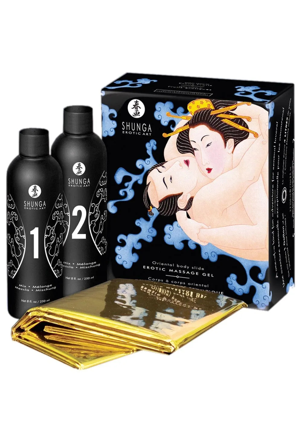 Gelée massage oriental fruits exotiques, flacons noirs, boîte illustrée, couverture dorée, produit sensuel végétalien.