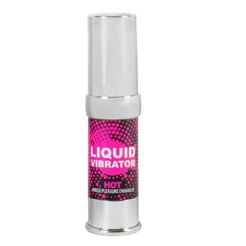 Flacon airless argenté 15ml de gel intime chauffant fraise vegan, design moderne, étiquette rose et noire vibrante.