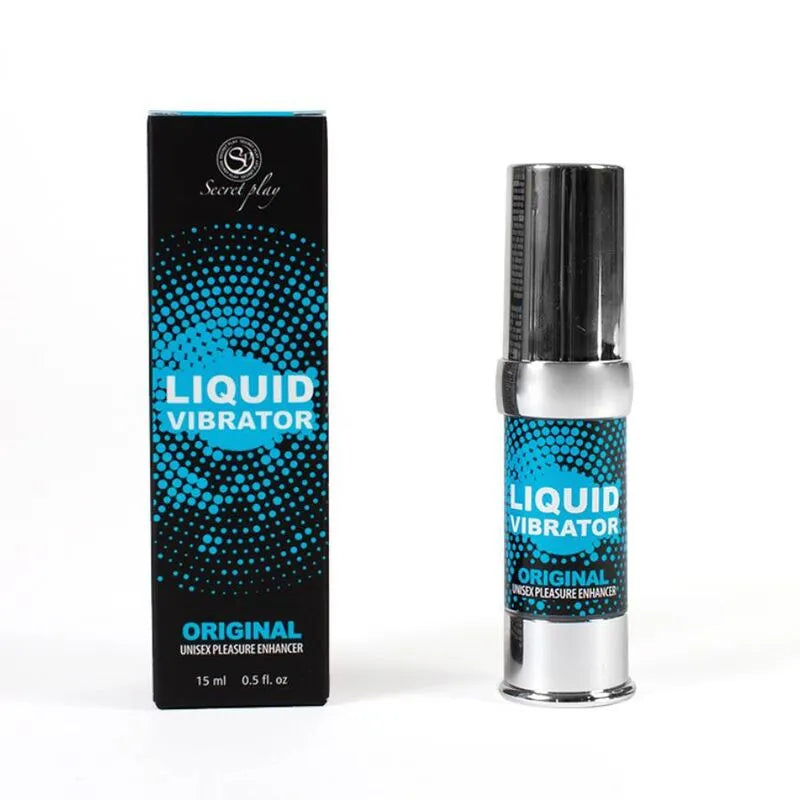 Flacon de gel intime stimulant unisexe, design moderne bleu et noir, 15 ml, emballage discret et hermétique.