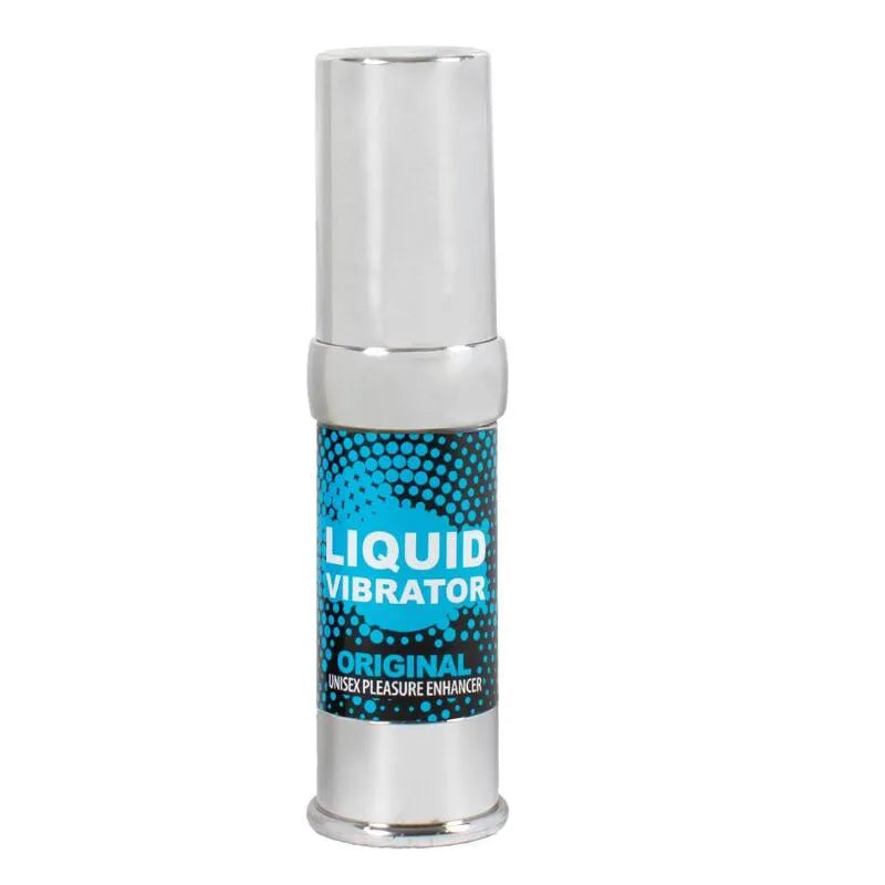Gel intime stimulant unisexe, flacon argenté et bleu, design discret, naturel, vibratoire, hypoallergénique, végétalien.