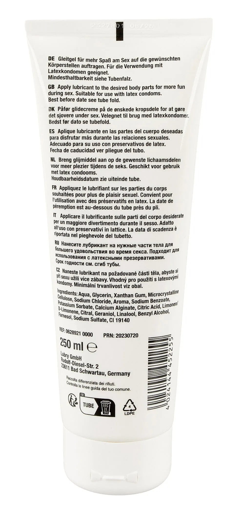 Gel lubrifiant ananas, tube blanc, base eau, compatible préservatifs, texture soyeuse, goût salé, sans huile ni graisse.