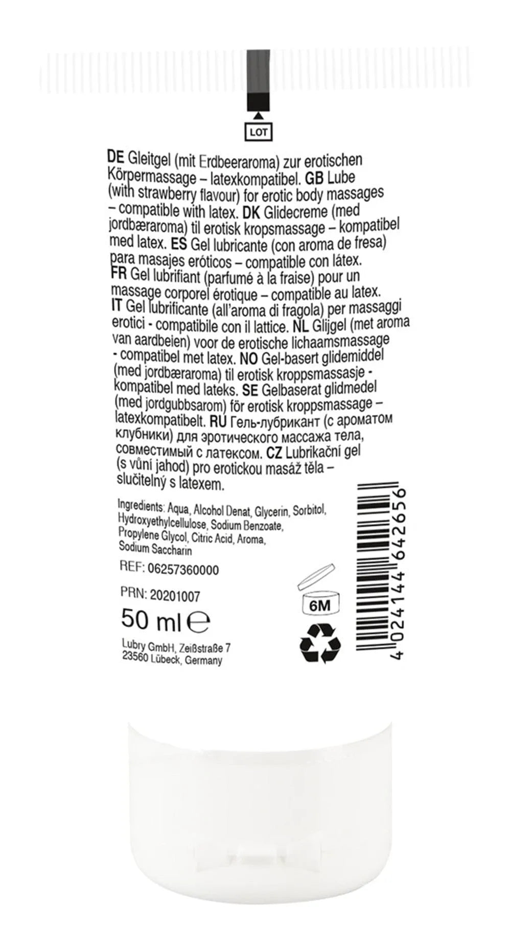 Tube de gel lubrifiant comestible à la fraise, 50ml, base eau, végétalien, compatible préservatifs et sextoys, non gras.
