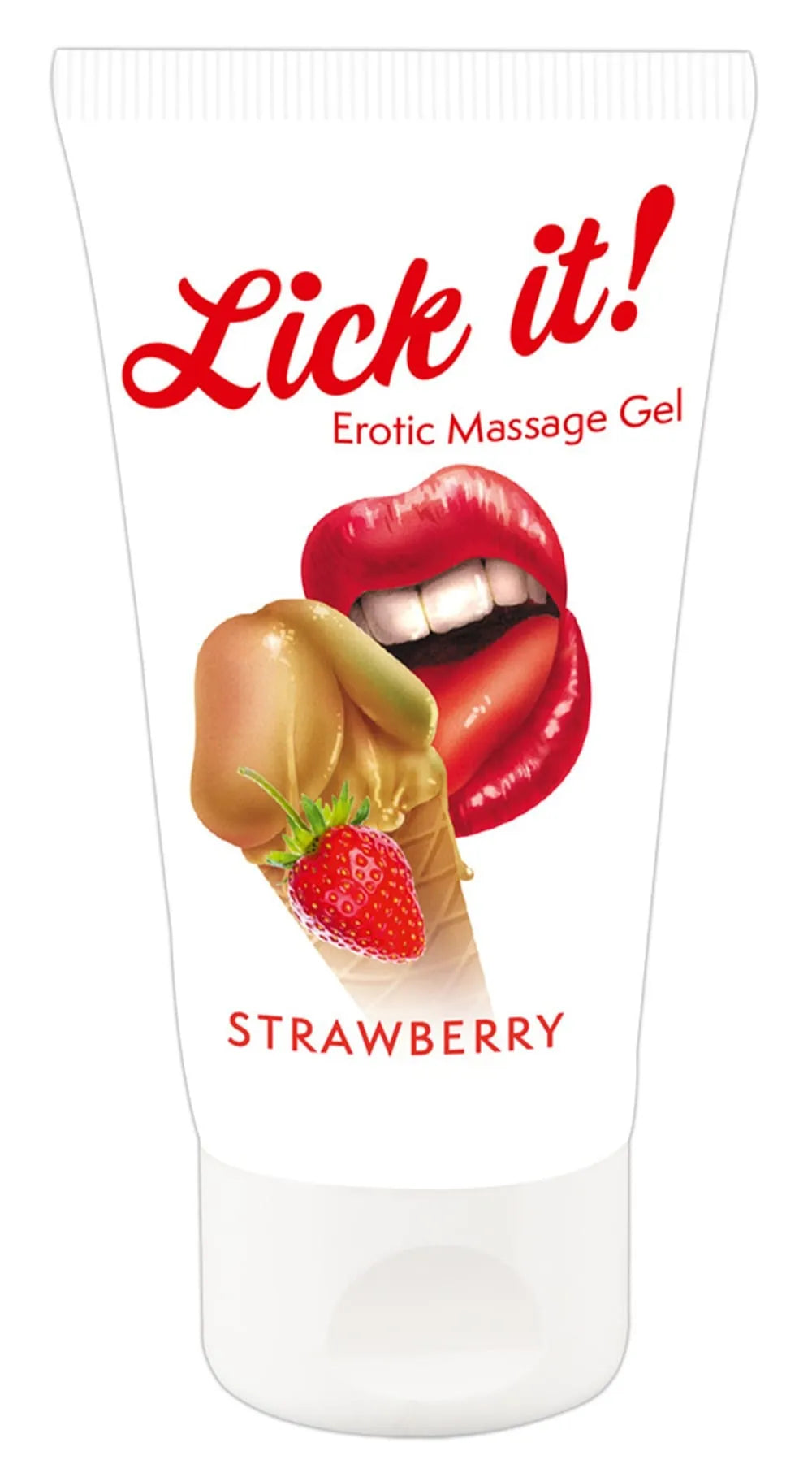 Gel lubrifiant comestible fraise, tube blanc 50ml, texture soyeuse, compatible préservatifs et sextoys, végétalien.