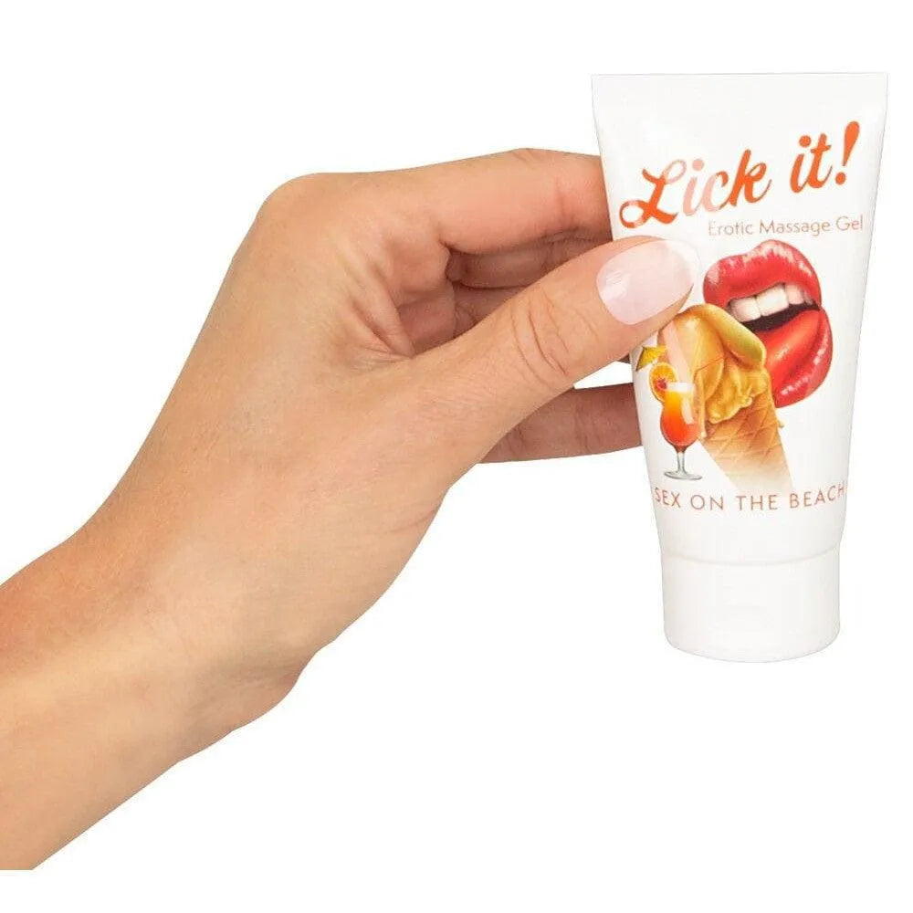 Gel lubrifiant comestible végétalien 50ml, tube blanc avec illustrations cocktail et lèvres, format nomade.