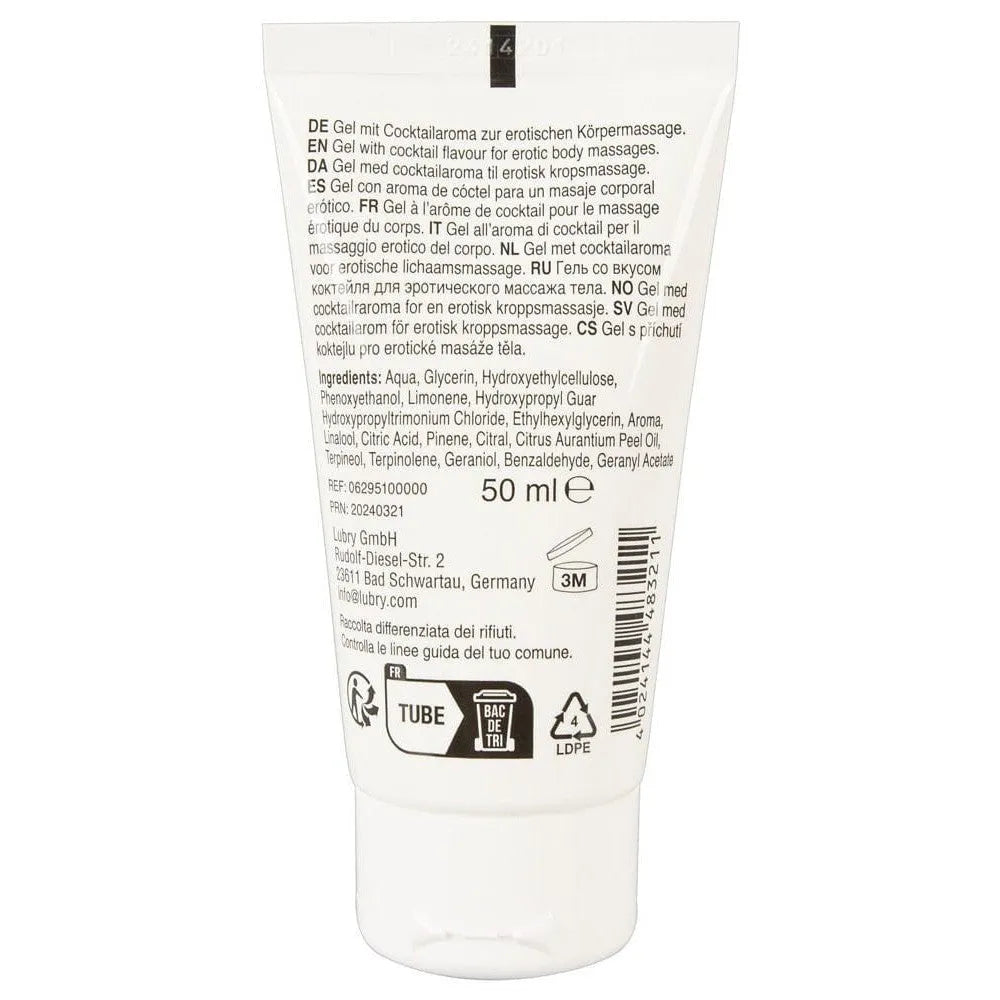 Gel lubrifiant comestible végétalien 50ml, tube blanc, goût cocktail exotique, texture soyeuse, compatible préservatifs.
