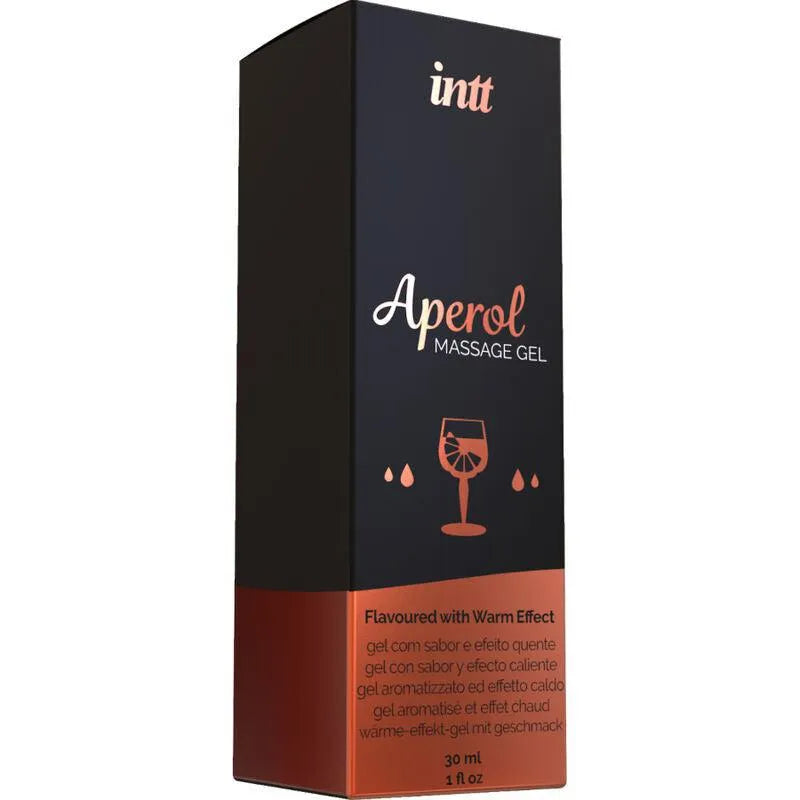Gel lubrifiant intime Aperol, flacon orange et noir, 30 ml, effet chauffant, texture soyeuse, arôme fruité.