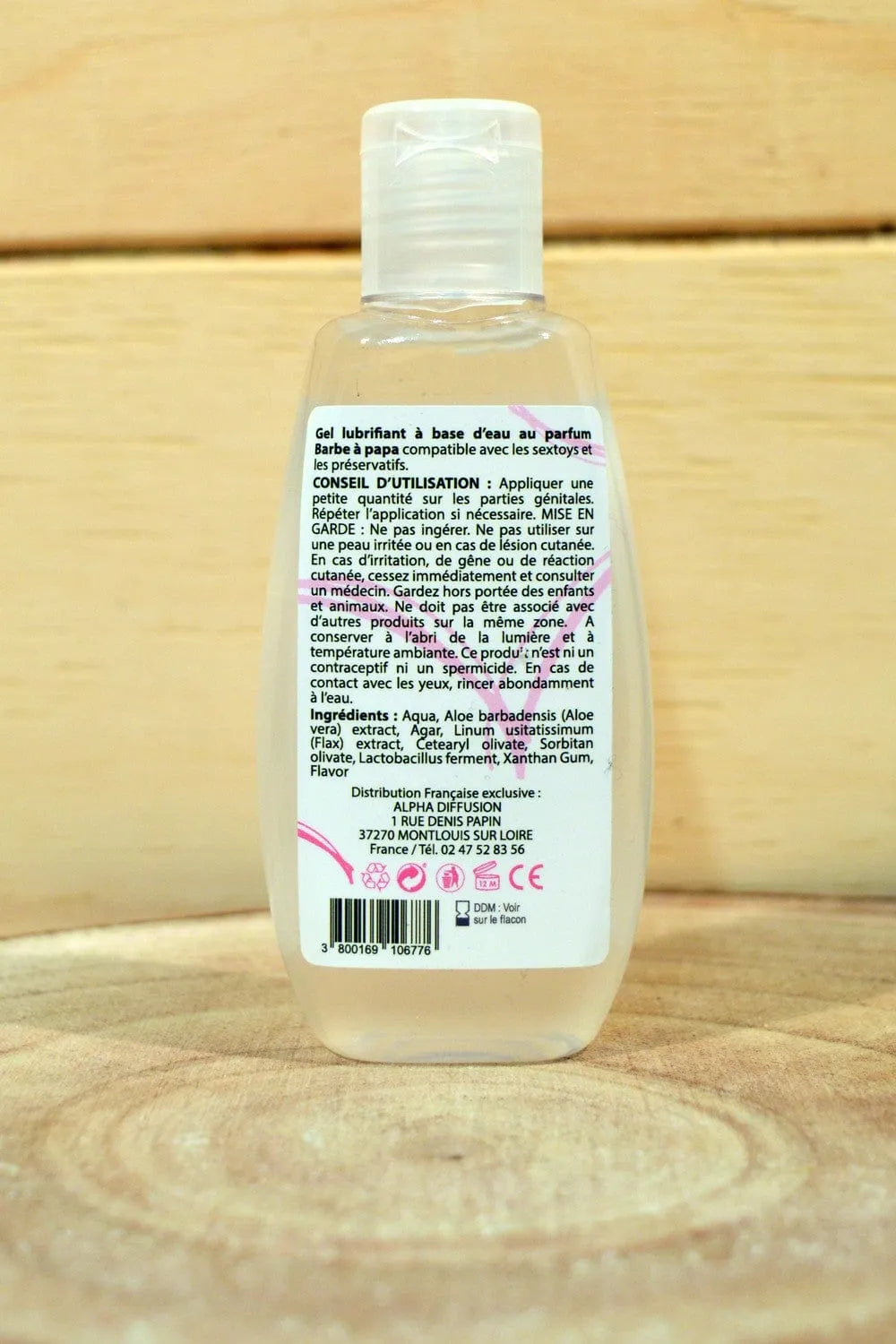 Flacon transparent de gel lubrifiant naturel à l'eau, arôme barbe à papa, 100 ml, hypoallergénique, compatible sextoys.