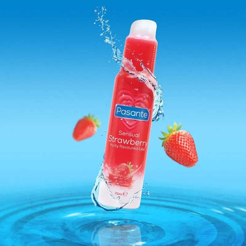 Gel lubrifiant vegan fraise, flacon rouge, texture onctueuse, arôme fruité, compatible latex, peau sensible, 75ml.