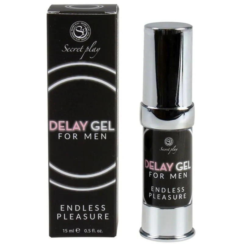 Flacon noir 15ml de gel retardateur éjaculation aux extraits naturels, camomille, calendula, menthe, fabriqué en Espagne.