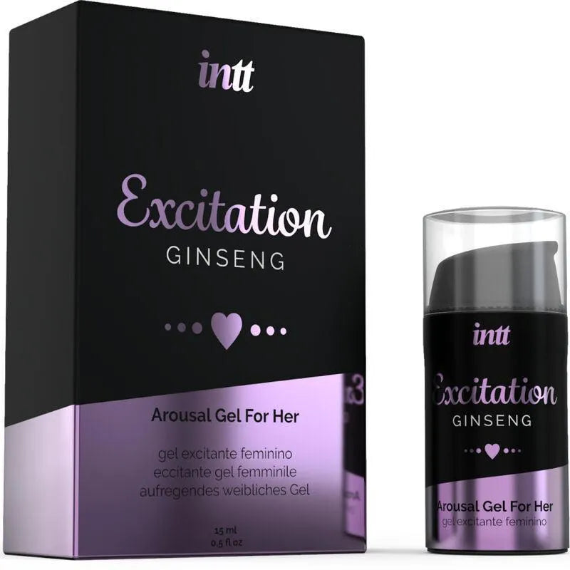 Gel stimulant clitoridien au ginseng 15ml, flacon noir et violet, design compact, boîte assortie, intensité sensorielle.