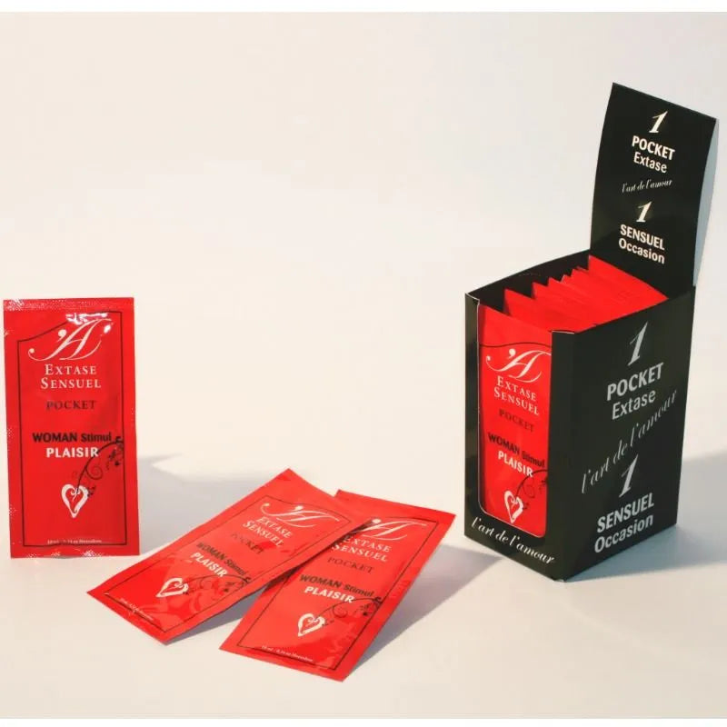 Gel stimulant féminin en sachets rouges, boîte noire, effet chaud-froid, compatible latex, absorption rapide, discret.