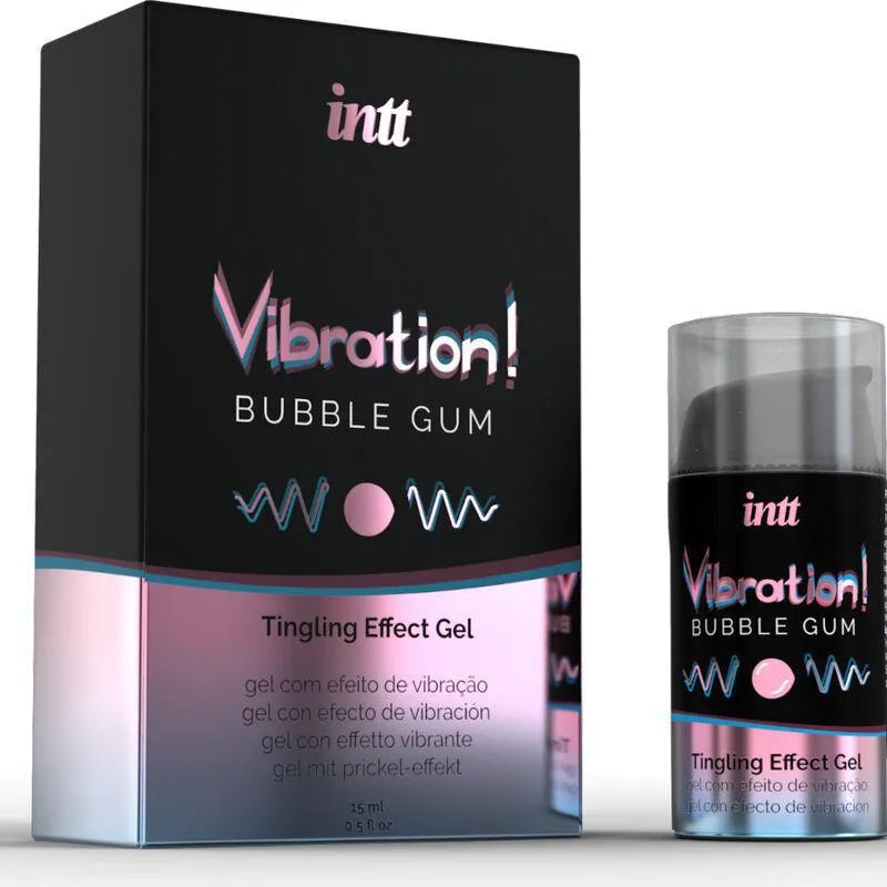 Gel stimulant intime 15ml arôme bubble gum, flacon doseur noir et rose, packaging vibrant, effet sensoriel.