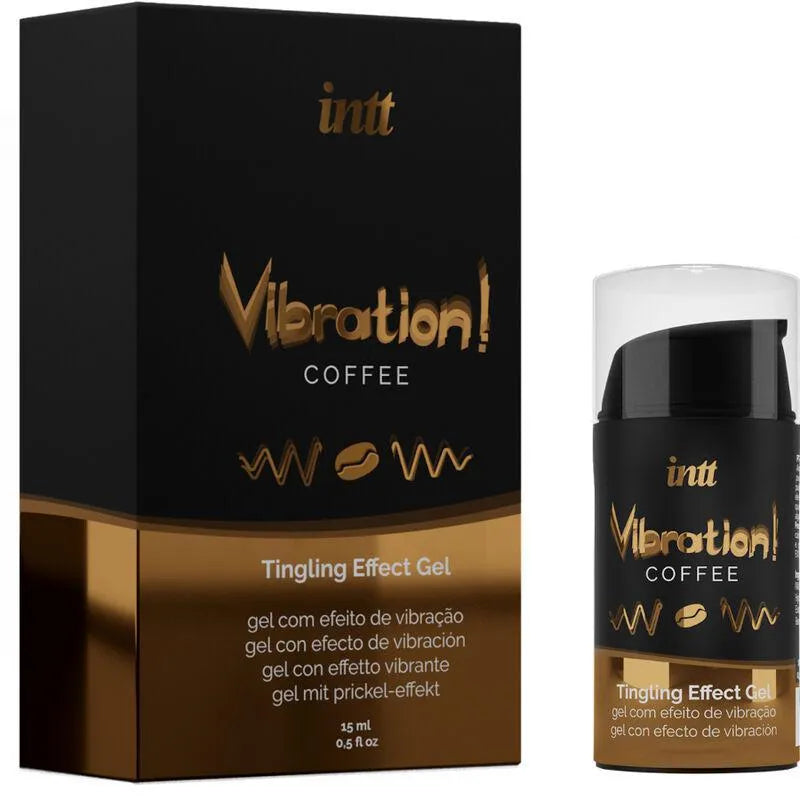 Flacon de gel stimulant intime arôme café sucré, design noir et doré, pour sensations vibrantes et goût agréable.