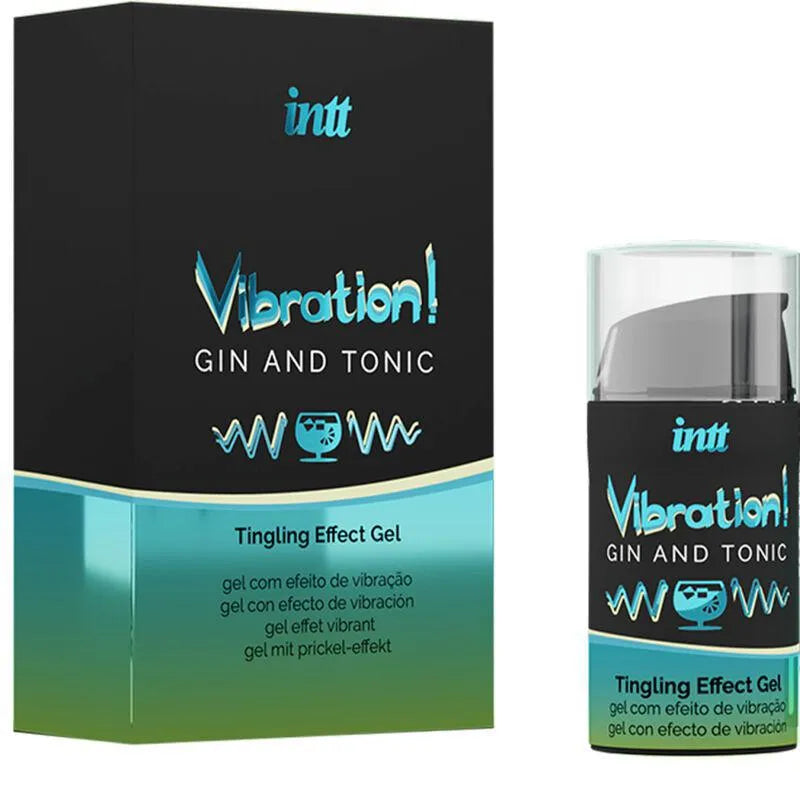 Gel stimulant intime arôme gin tonic, flacon noir et turquoise, effet vibrant, pour sensations intenses et fraîcheur.