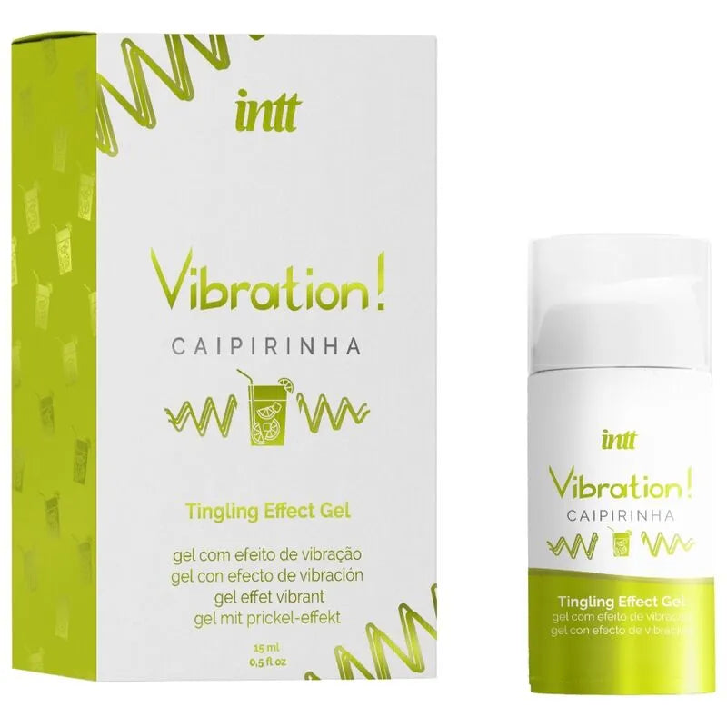 Gel stimulant intime Caipirinha Vibrant, flacon blanc avec détails verts, boîte assortie, effet pulsation et chauffage.
