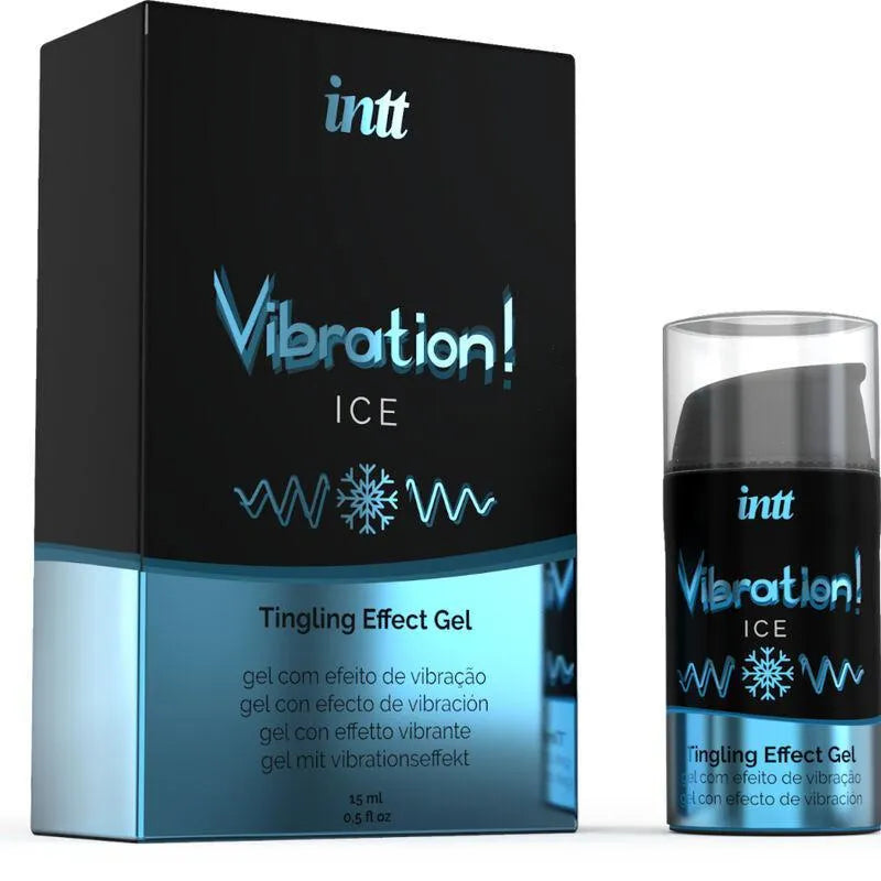 Flacon de gel stimulant intime effet glacé menthe, design compact noir et bleu, texte Vibration! ICE visible.