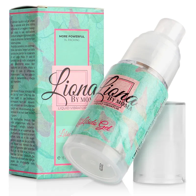 Flacon de gel stimulant intime hydratant 15ml, design vert et rose, absorption rapide, formulation naturelle.