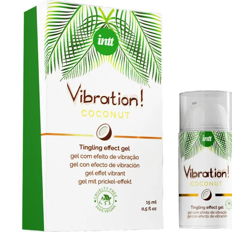 Flacon de gel stimulant intime vegan coco 15ml, design compact, arôme sucré, emballage blanc et vert avec motif tropical.