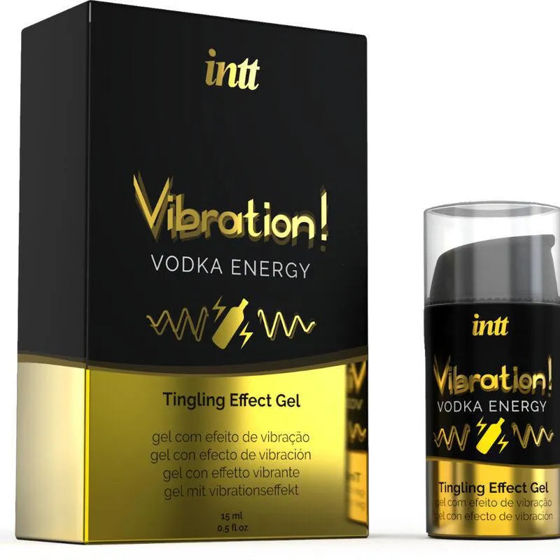 Flacon de gel stimulant intime Vibration Vodka, noir et doré, 15 ml, avec boîte assortie, pour intensité sensorielle.