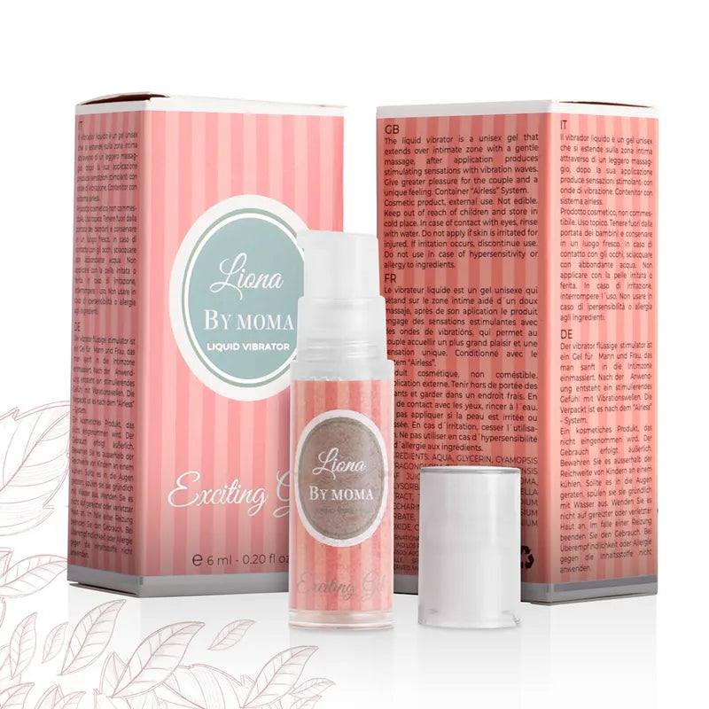 Flacon de gel stimulant Liona Moma 6ml, design rose et blanc, avec boîte assortie, pour hydratation et plaisir intime.
