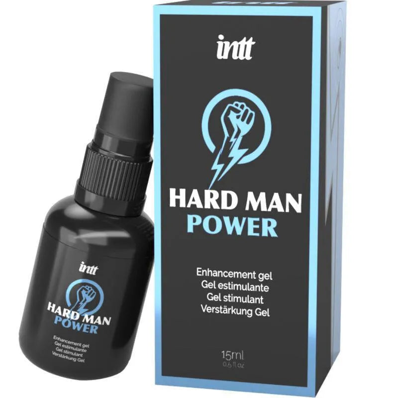 Flacon noir de gel stimulant masculin Hard Man Power, 15ml, avec boîte bleue et noire, logo poing et éclair.