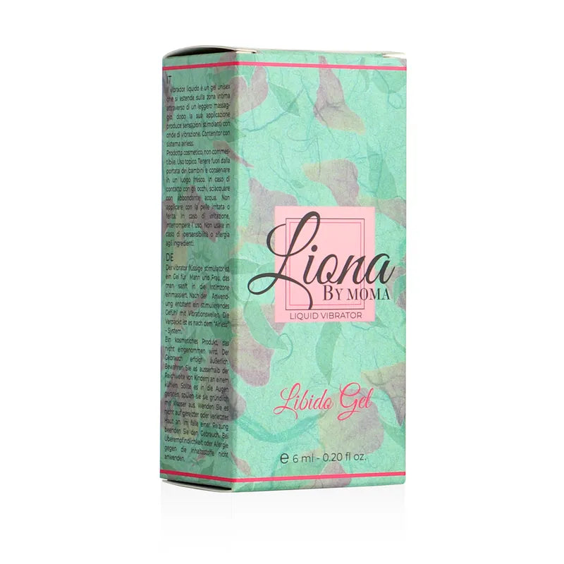 Gel stimulant sexuel Liona by Moma, boîte verte et rose, 6 ml, hydratation rapide, intensité naturelle.