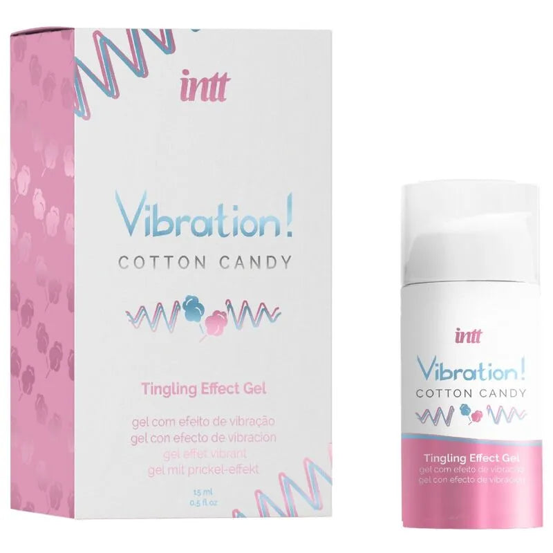 Gel stimulant vibrant barbe à papa 15ml, flacon blanc et rose, emballage moderne, arôme sucré, intensité sensorielle.