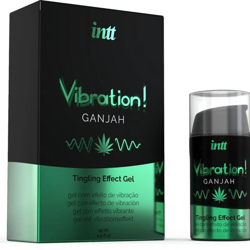Flacon de gel stimulant vibrant cannabis intime, 15ml, vert et noir, avec boîte assortie, arôme rafraîchissant.