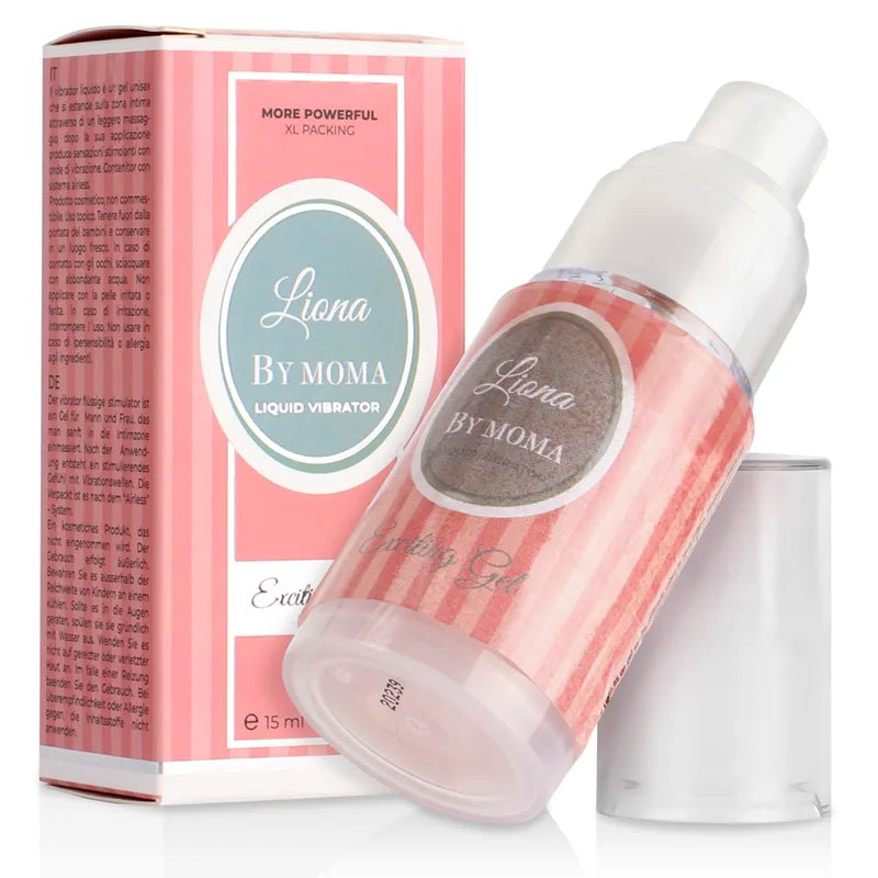 Flacon de gel stimulant vibrant Liona, format miniature, design rose et blanc, texture soyeuse, 15 ml.