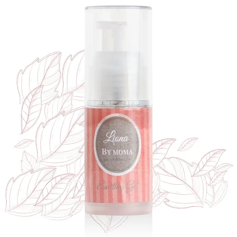 Flacon miniature rose de gel stimulant vibrant Liona Intime, texture soyeuse, fond floral, hydratant et apaisant.