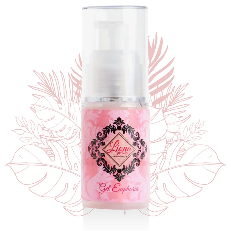Flacon rose de gel stimulant vibrant Liona by Moma, 15ml, avec pompe, design floral, pour plaisir intime et confort.