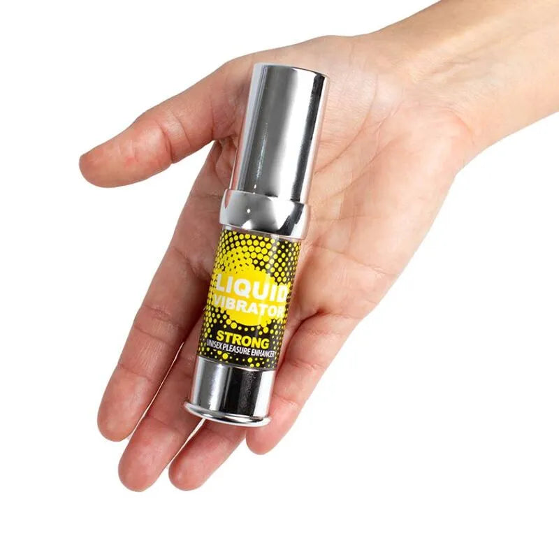 Flacon argenté de gel stimulant vibromasseur liquide unisexe, 15ml, sur fond blanc, avec étiquette jaune vibrante.