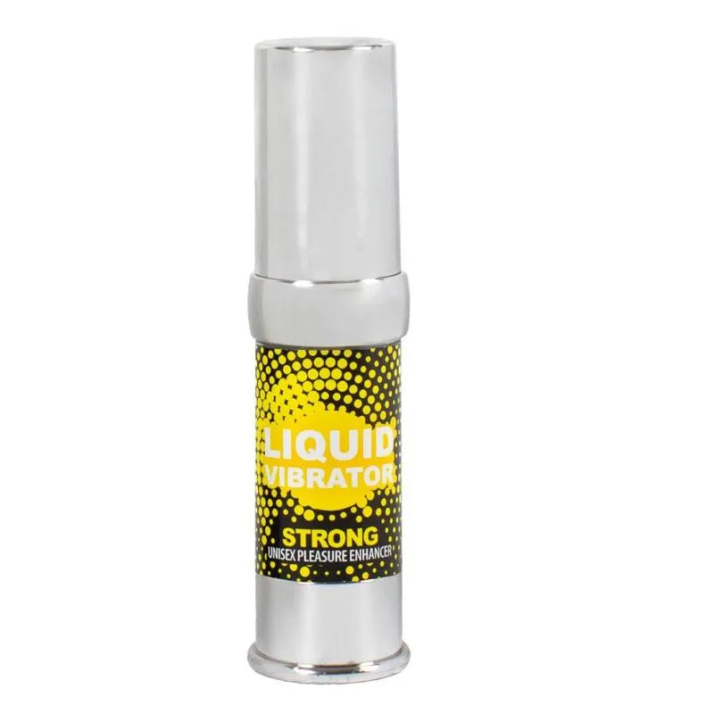 Flacon argenté de gel stimulant vibromasseur liquide unisexe 15ml, étiquette jaune et noire, format pratique et hygiénique.