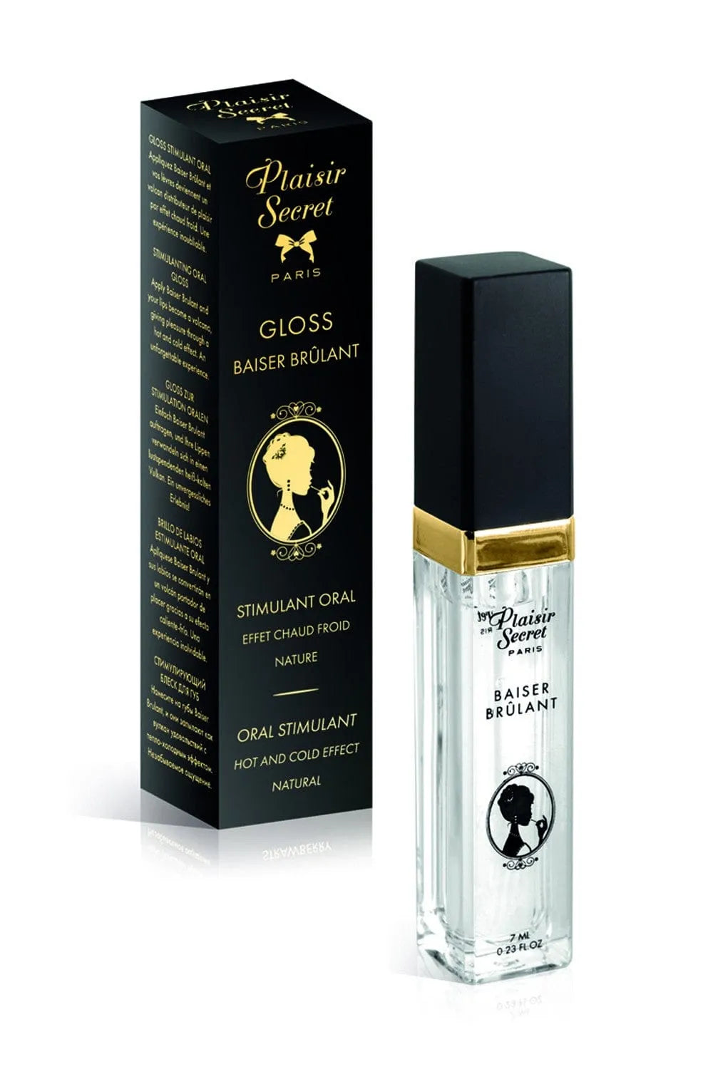 Flacon de gloss Baiser Brûlant, transparent, bouchon noir, packaging élégant, effet feu glace, arôme fraise des bois.