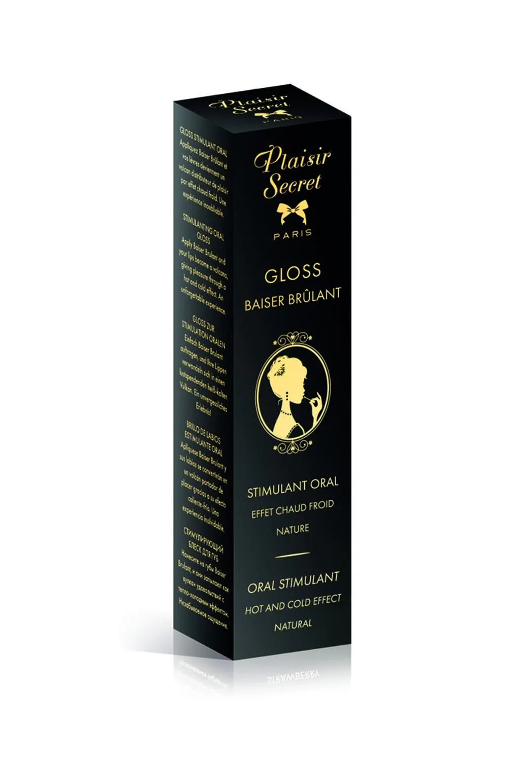 Gloss Baiser Brûlant, tube noir élégant, effet feu glace, arôme fraise des bois, expérience sensorielle intense.