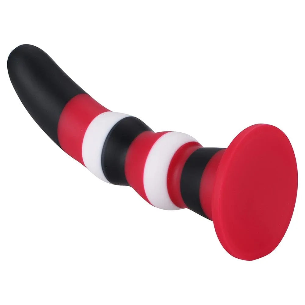 Gode ventouse silicone noir et rouge, formes généreuses, fixation surfaces lisses, stimulation vaginale et anale.