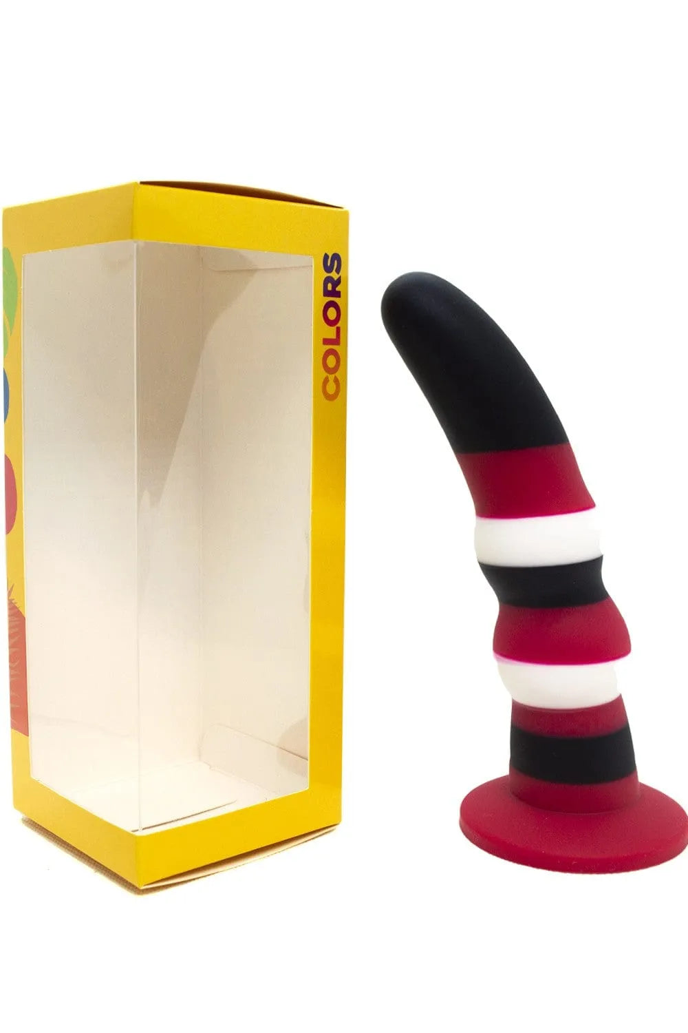 Gode ventouse silicone multicolore, formes ondulées, fixation surfaces lisses, stimulation vaginale et anale.