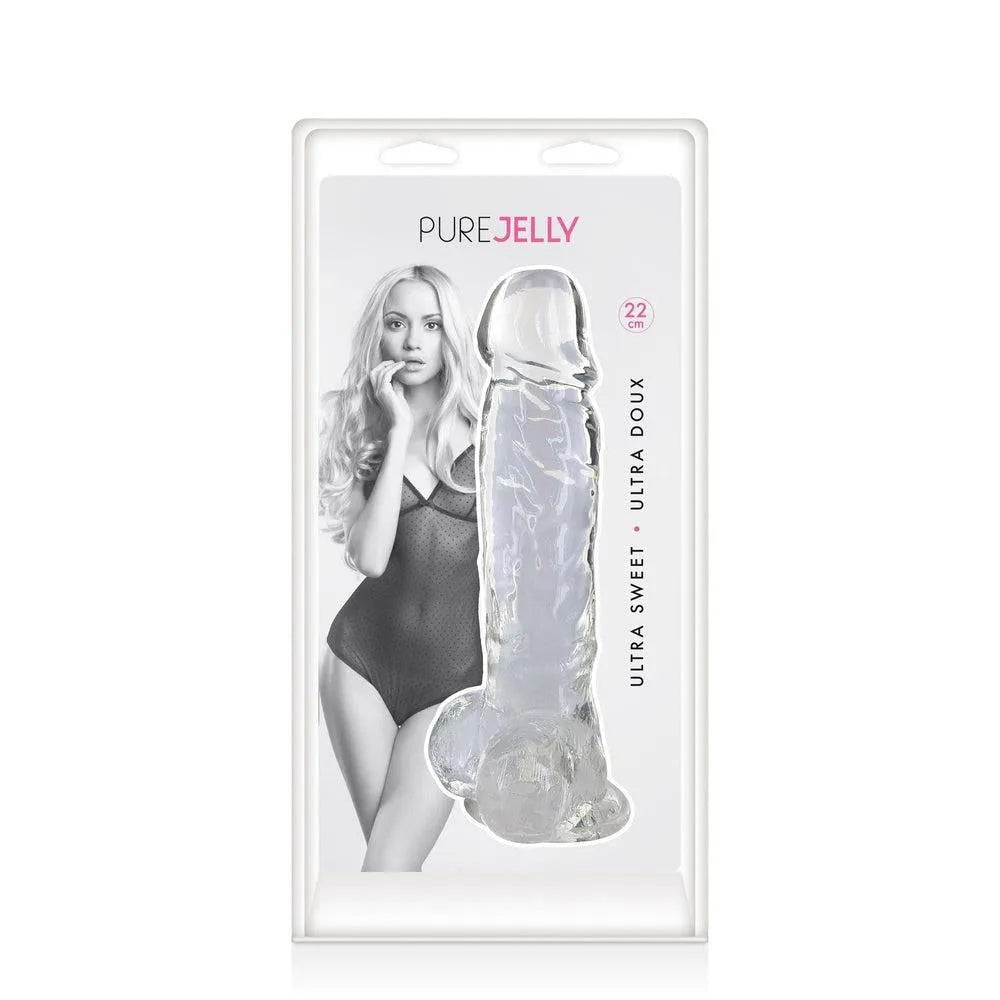 Gode transparent cristal réaliste TPE, ventouse puissante, 22cm x 4,7cm, flexible, sensations réalistes, sans phtalates.