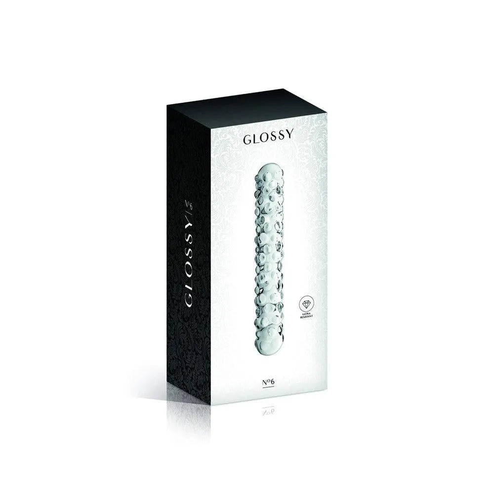 Gode anal en verre transparent perlé, 17 cm, dans une boîte élégante, texture stimulante, compatible lubrifiants.