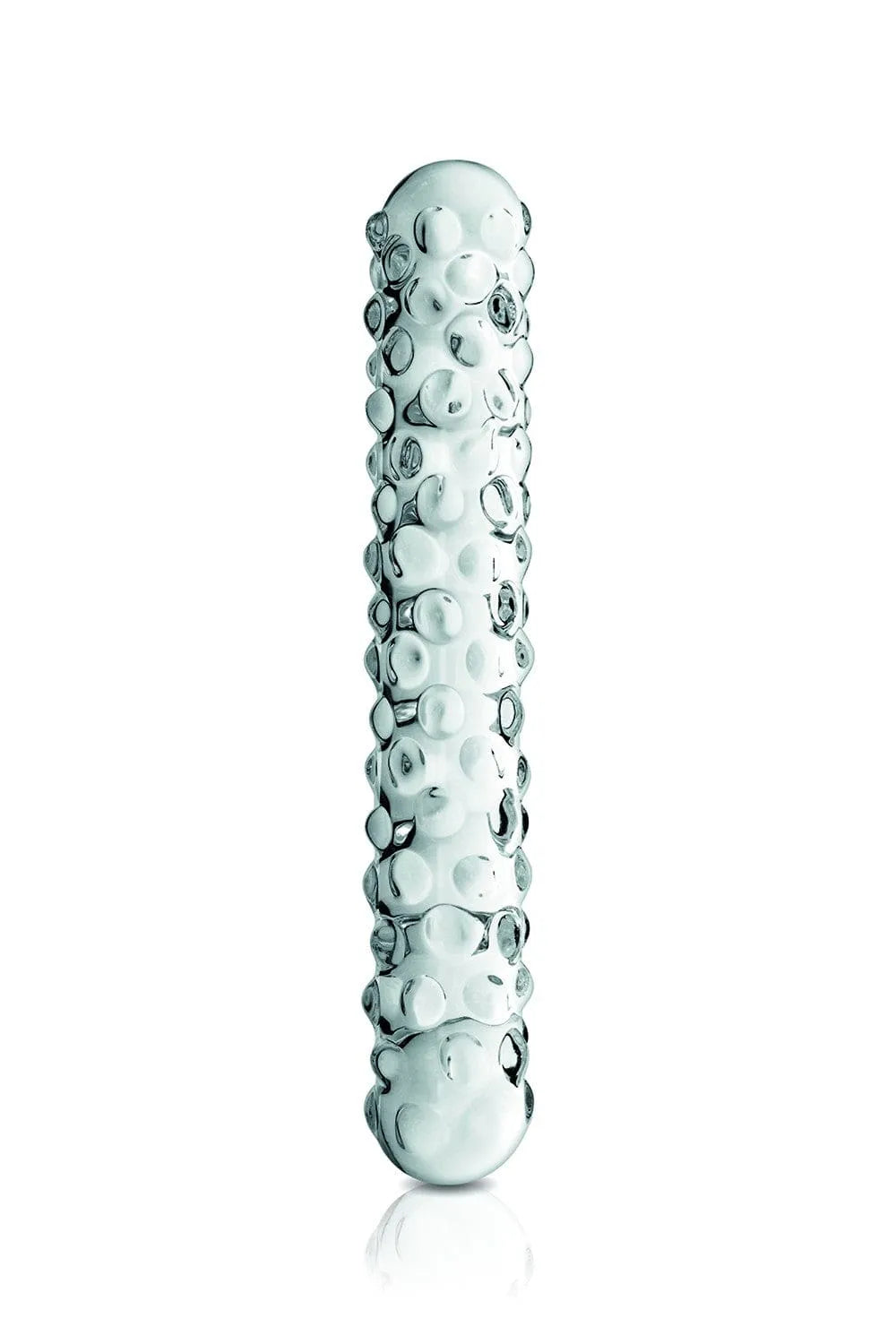 Gode anal en verre transparent perlé, 17 cm, texture stimulante, chauffable et réfrigérable, avec pochette velours.
