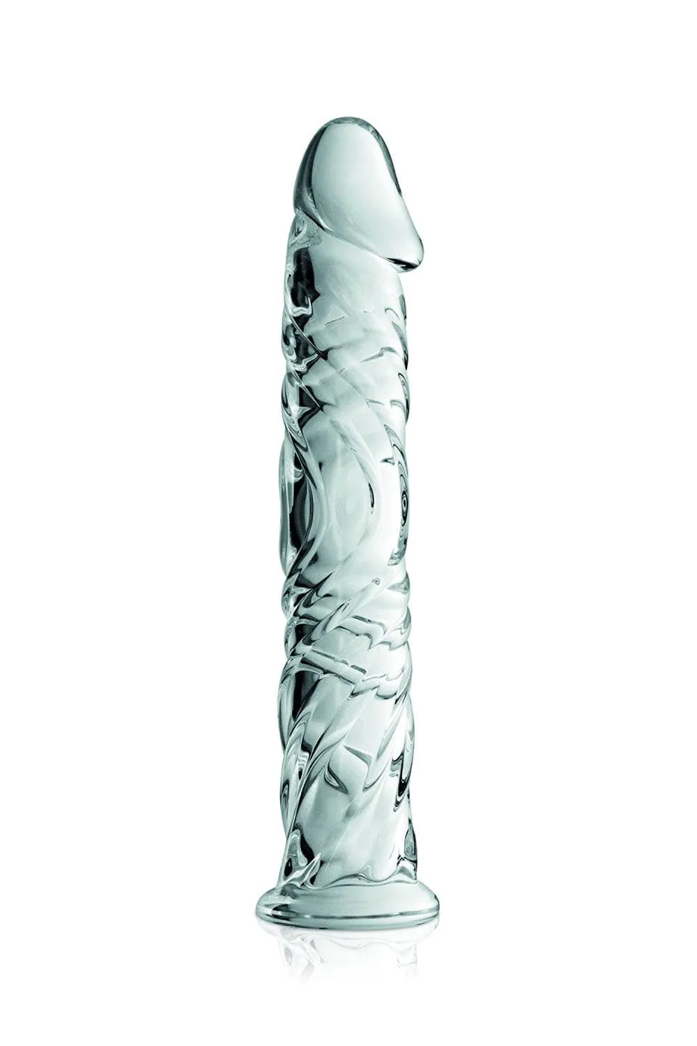 Gode anal en verre transparent veiné, gland réaliste, 16 cm, chauffable, refroidissable, sensations intenses.